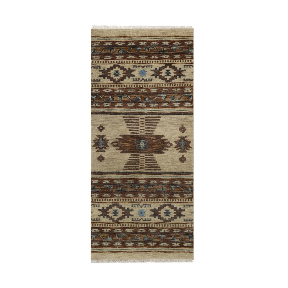 2'7"x5'10" Ivory Runner Rug Southwest Medallion Design Hand Knotted Wool: 2'7"x5'10" Ivory Runner Rug Southwest Medallion Design Hand Knotted Wool Hand-knotted wool medallion design in ivory, this 2'7"x5'10" Southwest-style runner rug boasts a classic and timeless aesthetic