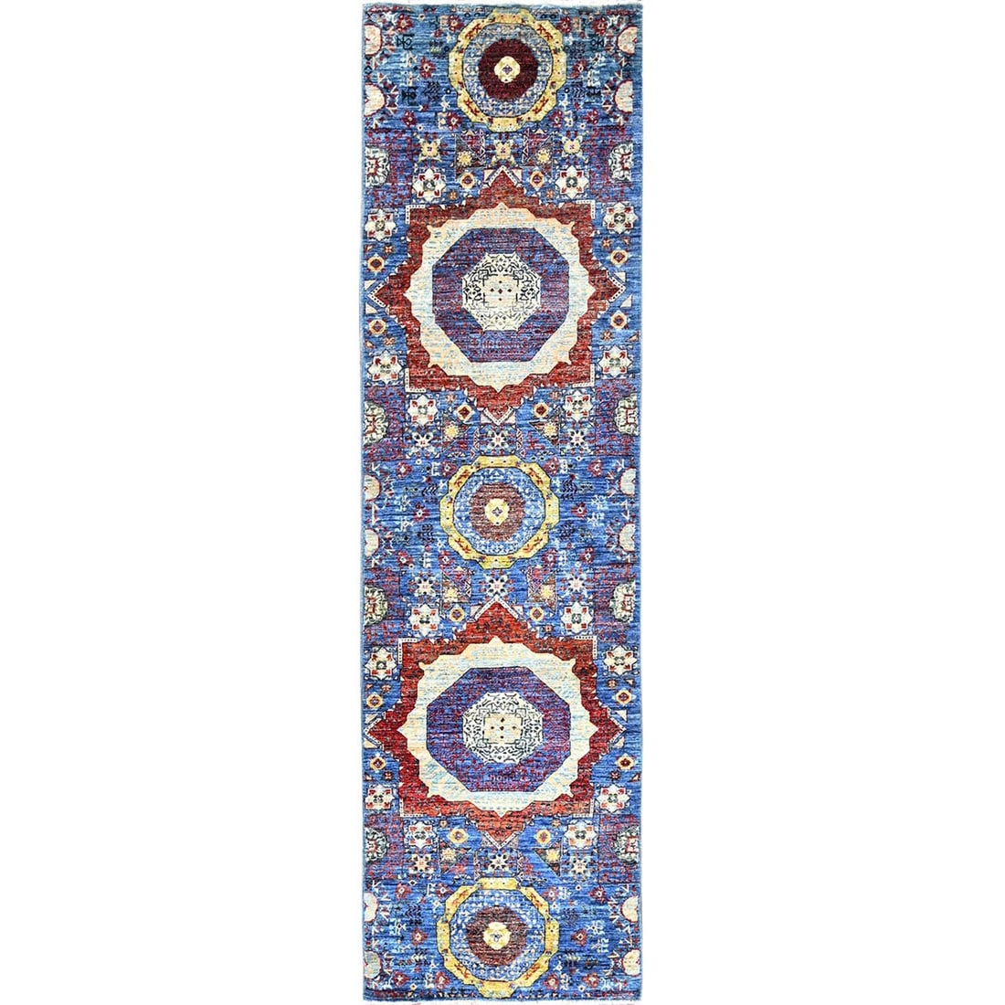 2'8"x9'10" Blue Hand Knotted Wool Mamluk Design Runner Oriental Rug: 2'8"x9'10" Blue Hand Knotted Wool Mamluk Design Runner Oriental Rug The Blue Hand Knotted Wool Mamluk Design Runner Oriental Rug boasts an impressive size and striking blue hue, measuring 2'8" x 9'10"