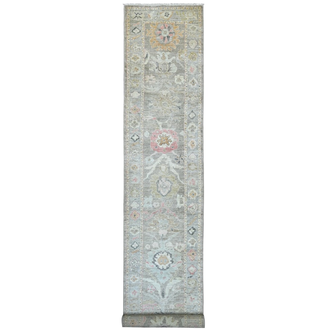 2'10"x19' Faded Brown Angora Oushak Hand Knotted Wool Runner Oriental Rug: 2'10"x19' Faded Brown Angora Oushak Hand Knotted Wool Runner Oriental Rug Faded brown Angora Oushak hand knotted wool runner rug boasts a stunning floral pattern in shades of brown, orange, pink, and 