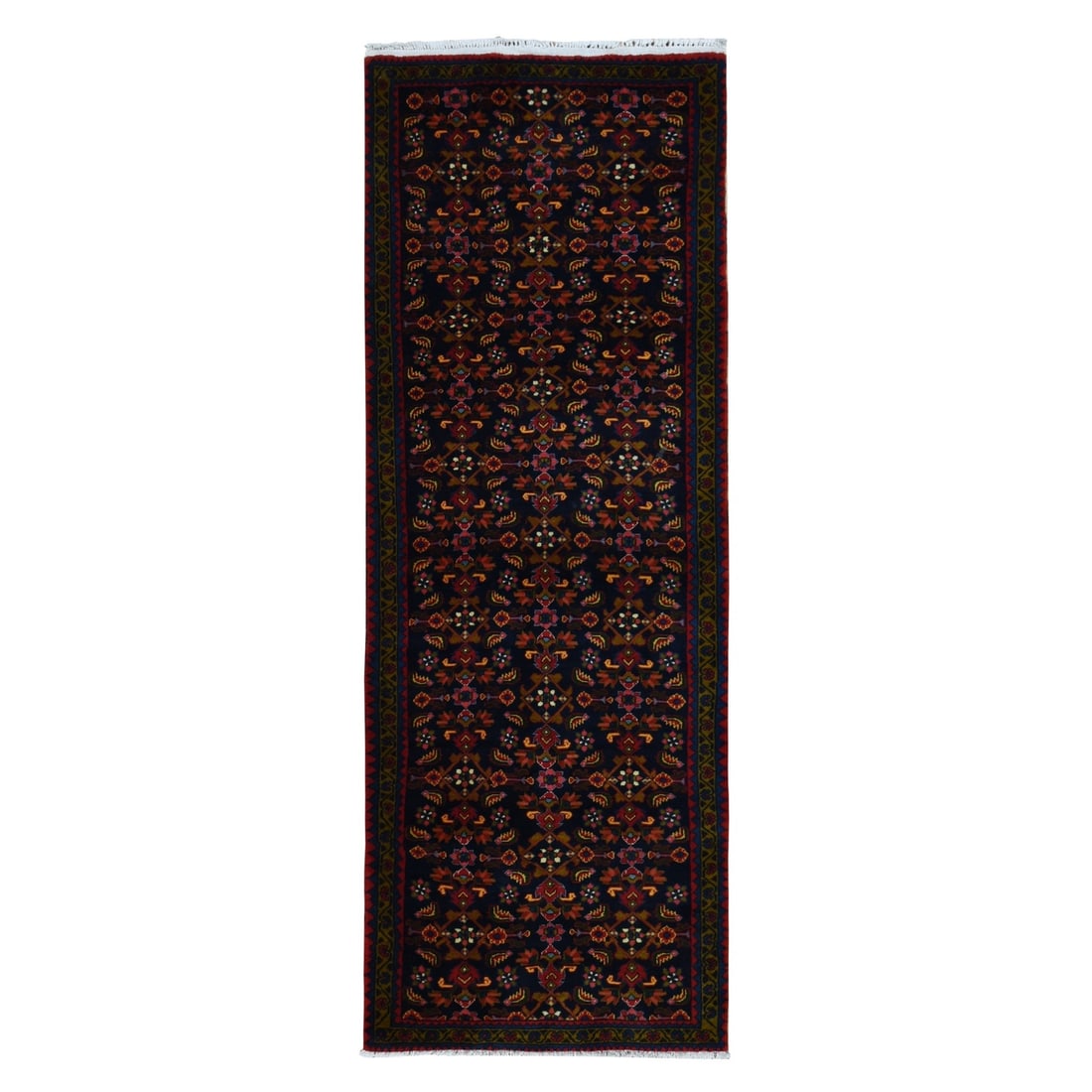 3'9"x9'7" Blue Vintage Zoroastrian Tebraz Wool Hand Knotted Runner Rug: 3'9"x9'7" Blue Vintage Zoroastrian Tebraz Wool Hand Knotted Runner Rug Hand-knotted in wool, this stunning Blue Vintage Zoroastrian Tebraz Runner Rug boasts an intricate Oriental regional design. Meas