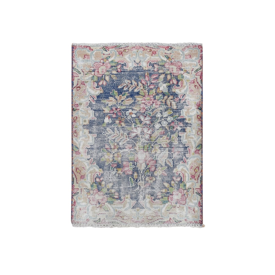 1'7"x2'2" Blue Vintage Zoroastrian Karman Hand Knotted Worn Wool Mat Rug: 1'7"x2'2" Blue Vintage Zoroastrian Karman Hand Knotted Worn Wool Mat Rug Blue Vintage Zoroastrian Karman Hand Knotted Worn Wool Mat Rug measures 1'7" x 2'2" and features a rectangular field with an Or
