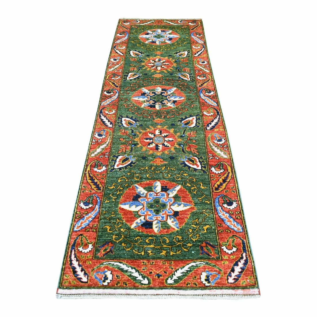2'10"x9'9" Olive Green Soft Wool Hand Knotted Turkeman Ersari Runner Rug: 2'10"x9'9" Olive Green Soft Wool Hand Knotted Turkeman Ersari Runner Rug Olive green soft wool hand knotted Turkeman Ersari runner rug, measuring 2'10" x 9'9", boasts a stunning oriental regional desi