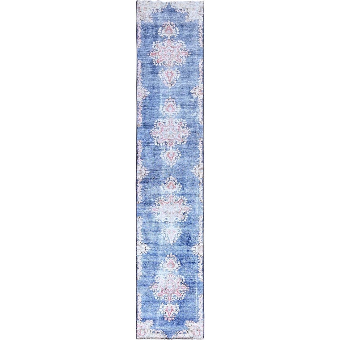 2'1"x12' Blue Hand Knotted Vintage Zoroastrian Karman Wool Runner Rug: 2'1"x12' Blue Hand Knotted Vintage Zoroastrian Karman Wool Runner Rug This stunning blue hand-knotted wool runner rug boasts an intricate Oriental regional design, characteristic of Turkish craftsmans