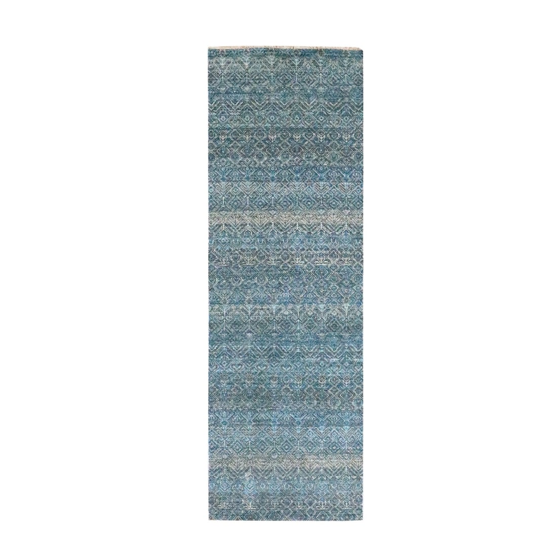 2'6"x7'8" Blue Hand Knotted Small Geometric Design Soft Wool Runner Rug: 2'6"x7'8" Blue Hand Knotted Small Geometric Design Soft Wool Runner Rug Soft and vibrant, this blue hand-knotted wool runner rug boasts an all-over regional design in a striking geometric pattern. Mad