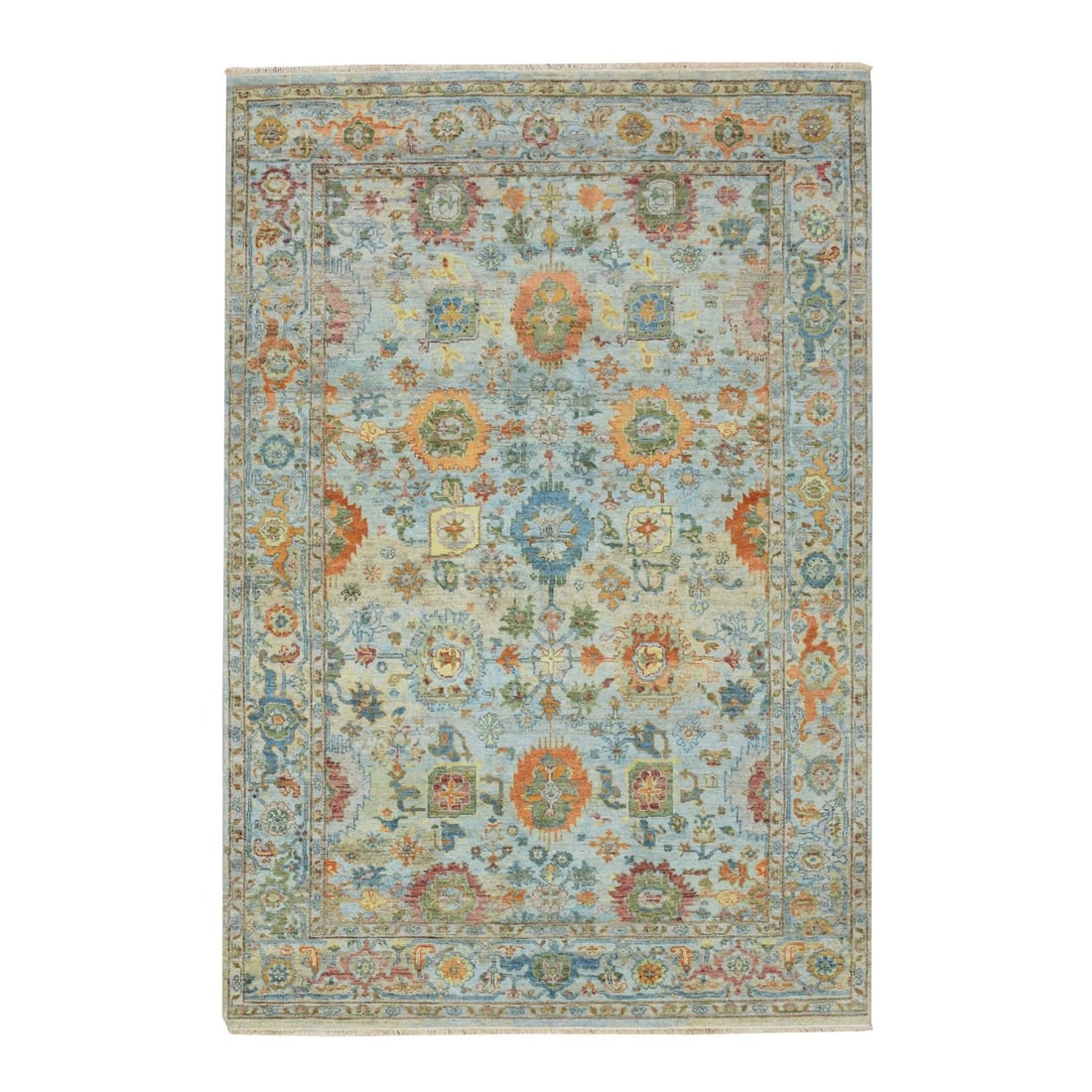6'x9' Beau Blue Sultanabad Reimagined Hand Knotted Pure Wool Zero Pile: 6'x9' Beau Blue Sultanabad Reimagined Hand Knotted Pure Wool Zero Pile The Beau Blue Sultanabad Reimagined Hand Knotted Pure Wool Zero Pile rug boasts an all-over regional design in a stunning blue fi