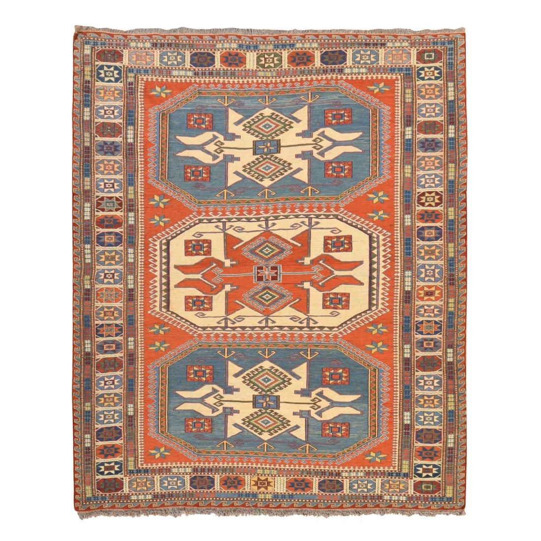 5'7"x7' Orange Vintage Soumak 100% Wool Hand Woven Flat Weave Oriental Rug: 5'7"x7' Orange Vintage Soumak 100% Wool Hand Woven Flat Weave Oriental Rug 5'7"x7' Orange Vintage Soumak 100% Wool Hand Woven Flat Weave Oriental Rug features a striking geometric pattern in vibrant o