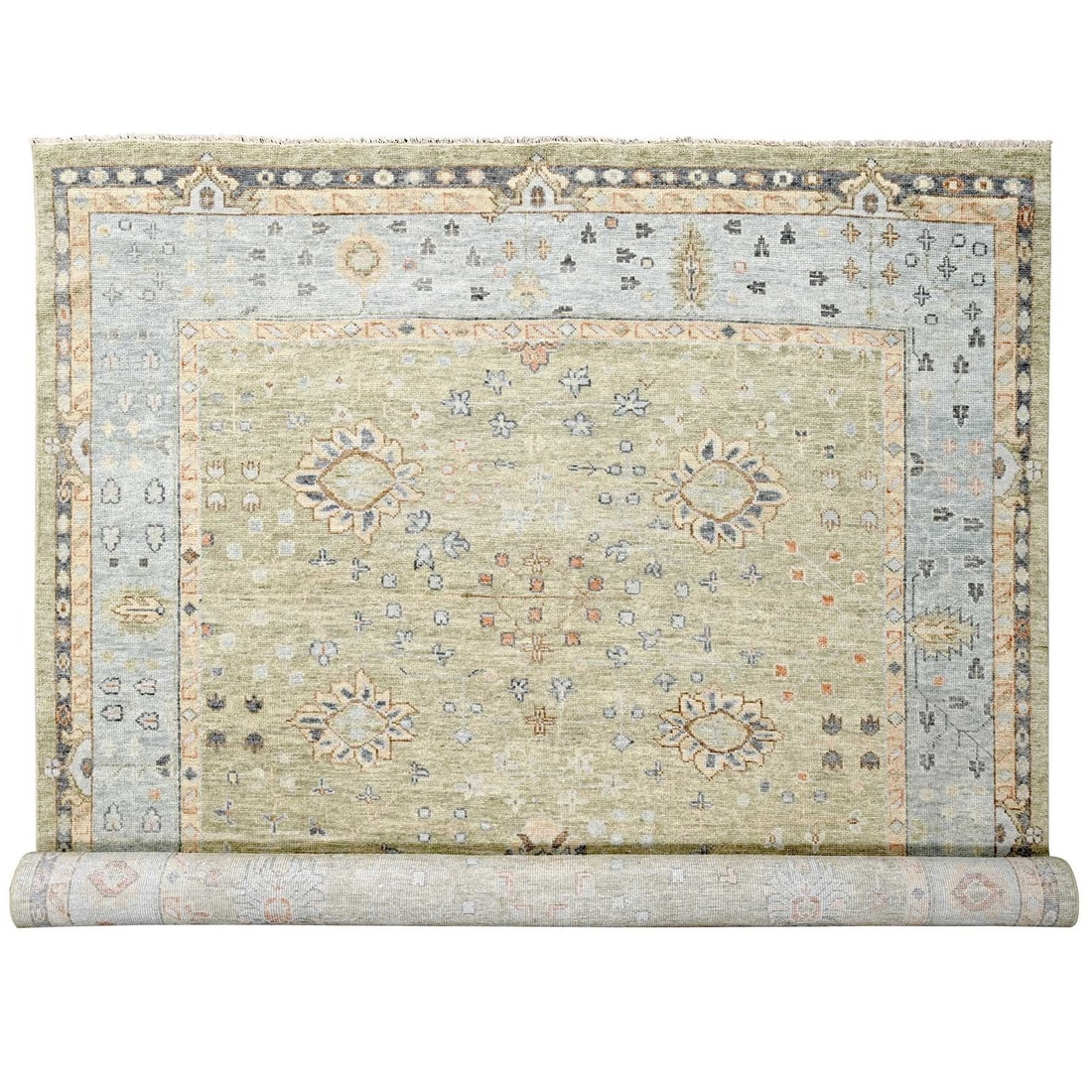 11'9"x17'9" Gray Soft Wool Hand Knotted Oushak Design Oversized Rug: 11'9"x17'9" Gray Soft Wool Hand Knotted Oushak Design Oversized Rug Soft green hues dominate this oversized, hand-knotted Oushak design rug, crafted from high-quality 100% wool. Measuring 11'9" x 17'9