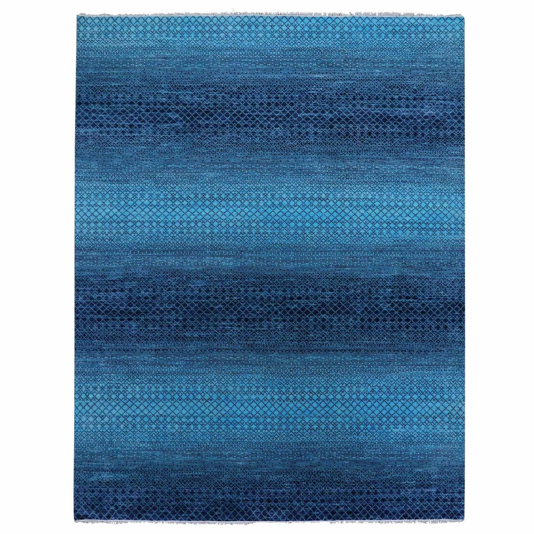 9'x11'7" Blue Pure Wool Hand Knotted Modern Chiaroscuro Collection Rug: 9'x11'7" Blue Pure Wool Hand Knotted Modern Chiaroscuro Collection Rug Blue Pure Wool Hand Knotted Modern Chiaroscuro Collection Rug features a rectangular field with a striking blue color, woven in a