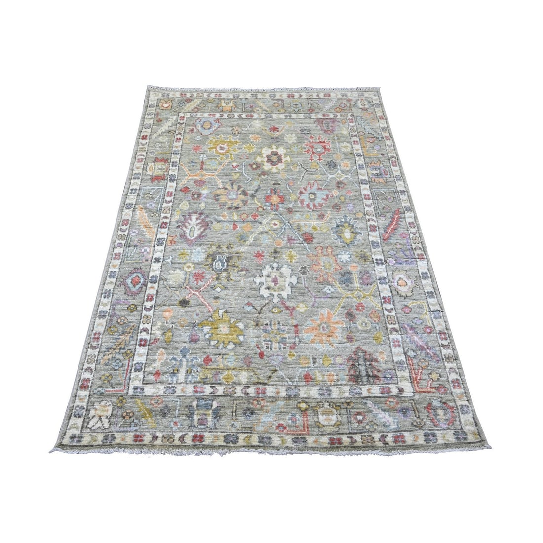 4'1"x6' Gray Afghan Angora Oushak Leaf Design Hand Knotted Pure Wool Rug: 4'1"x6' Gray Afghan Angora Oushak Leaf Design Hand Knotted Pure Wool Rug The Oushak Leaf Design Hand Knotted Pure Wool Rug boasts a stunning gray color and intricate floral pattern, characteristic of 