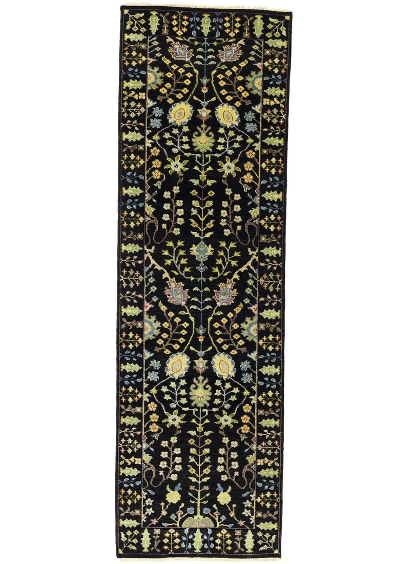 2'5X8 Tree Of Life Floral Black Osh Chobi Oriental Runner Rug Hallway Carpet Hand-Knotted: 2'5X8 Tree Of Life Floral Black Osh Chobi Oriental Runner Rug Hallway Carpet Hand-Knotted Hand-knotted in wool and cotton, this traditional floral rug boasts a modern design with intricate details. Me
