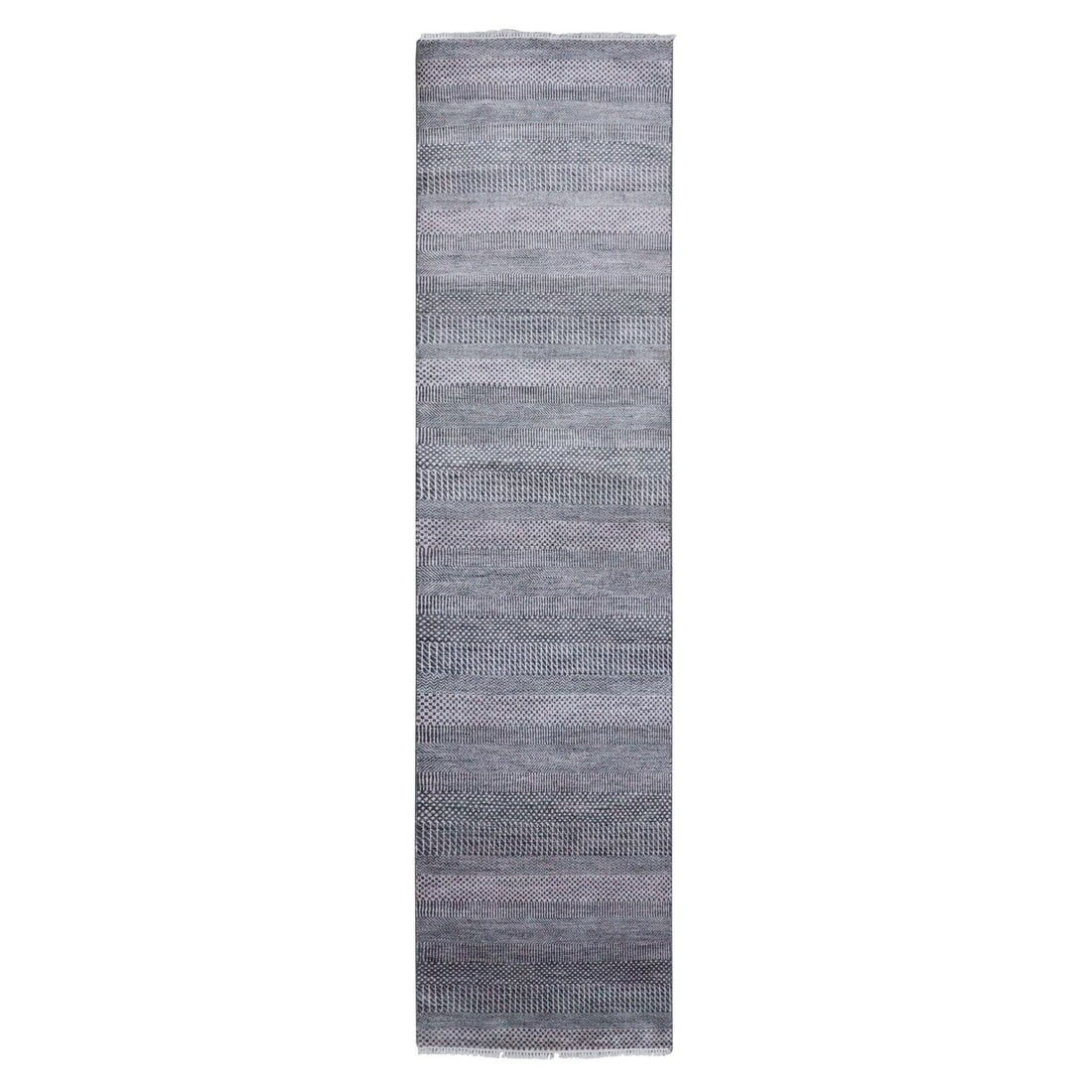 2'8"x10'2" Gray Wool and Silk Hand Knotted Modern Grass Design Runner Rug: 2'8"x10'2" Gray Wool and Silk Hand Knotted Modern Grass Design Runner Rug Modern Gray Wool and Silk Hand Knotted Runner Rug, measuring 2'8" x 10'2", boasts an elegant field design in a subtle gray hue
