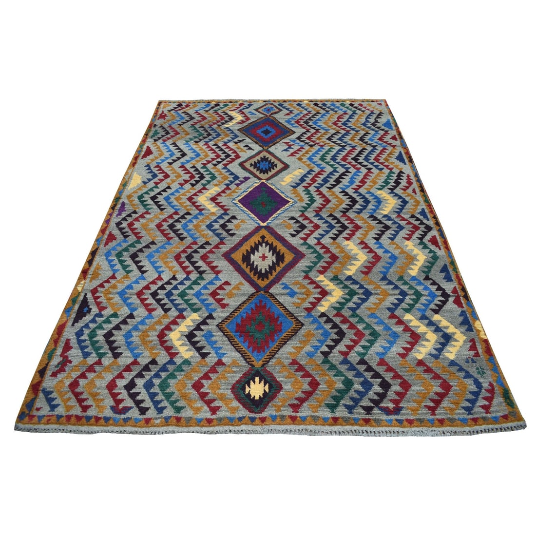 5'8"x7'6" Tribal Design 100% Wool Hand Made Colorful Afghan Village Rug: 5'8"x7'6" Tribal Design 100% Wool Hand Made Colorful Afghan Village Rug The vibrant grey and colorful hues of this hand-knotted Oriental-style Afghan village rug create a stunning visual effect. Made 