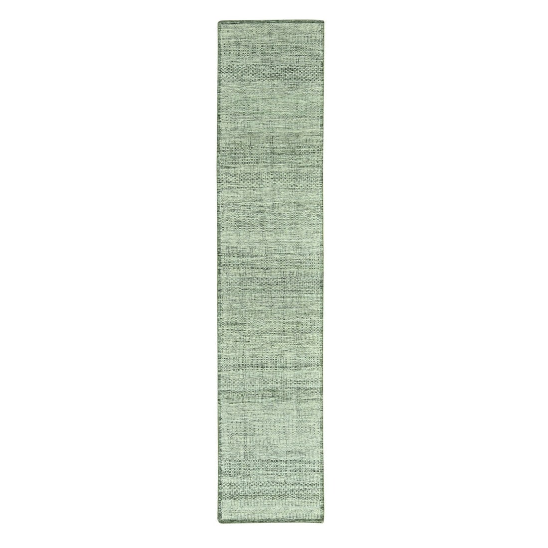 2'7"x12' Green Wool Oxidized Grass Design Hand Knotted Runner Rug: 2'7"x12' Green Wool Oxidized Grass Design Hand Knotted Runner Rug The 2'7"x12' Green Wool Oxidized Grass Design Hand Knotted Runner Rug boasts a striking modern design, featuring an oxidized grass pat