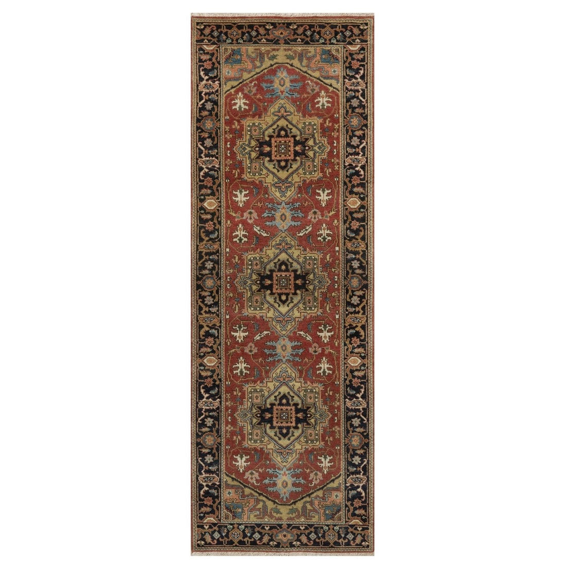 2'7"x7'10" Red Heris Revival New Zealand Wool Hand Knotted Runner Rug: 2'7"x7'10" Red Heris Revival New Zealand Wool Hand Knotted Runner Rug Hand-knotted in vibrant red wool, this stunning Heris Revival New Zealand Wool Runner Rug boasts an impressive size and striking c