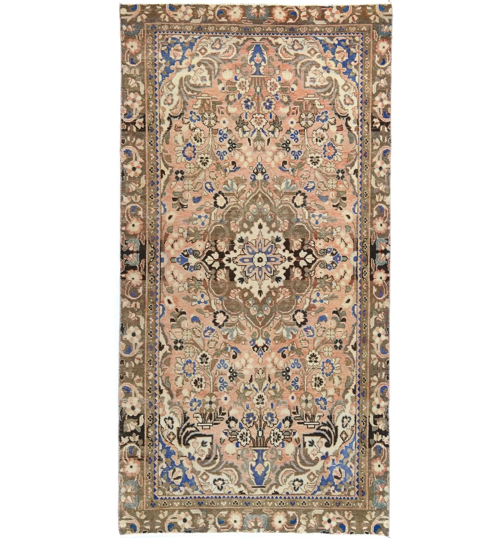 4'4 X 8'10 Semi-Antique Vintage Runner Rug Floral Farmhouse Carpet 4X9 Ft Hand-Knotted: 4'4 X 8'10 Semi-Antique Vintage Runner Rug Floral Farmhouse Carpet 4X9 Ft Hand-Knotted This vintage floral runner rug boasts a classic, traditional design with muted colors and a hand-knotted weave. M