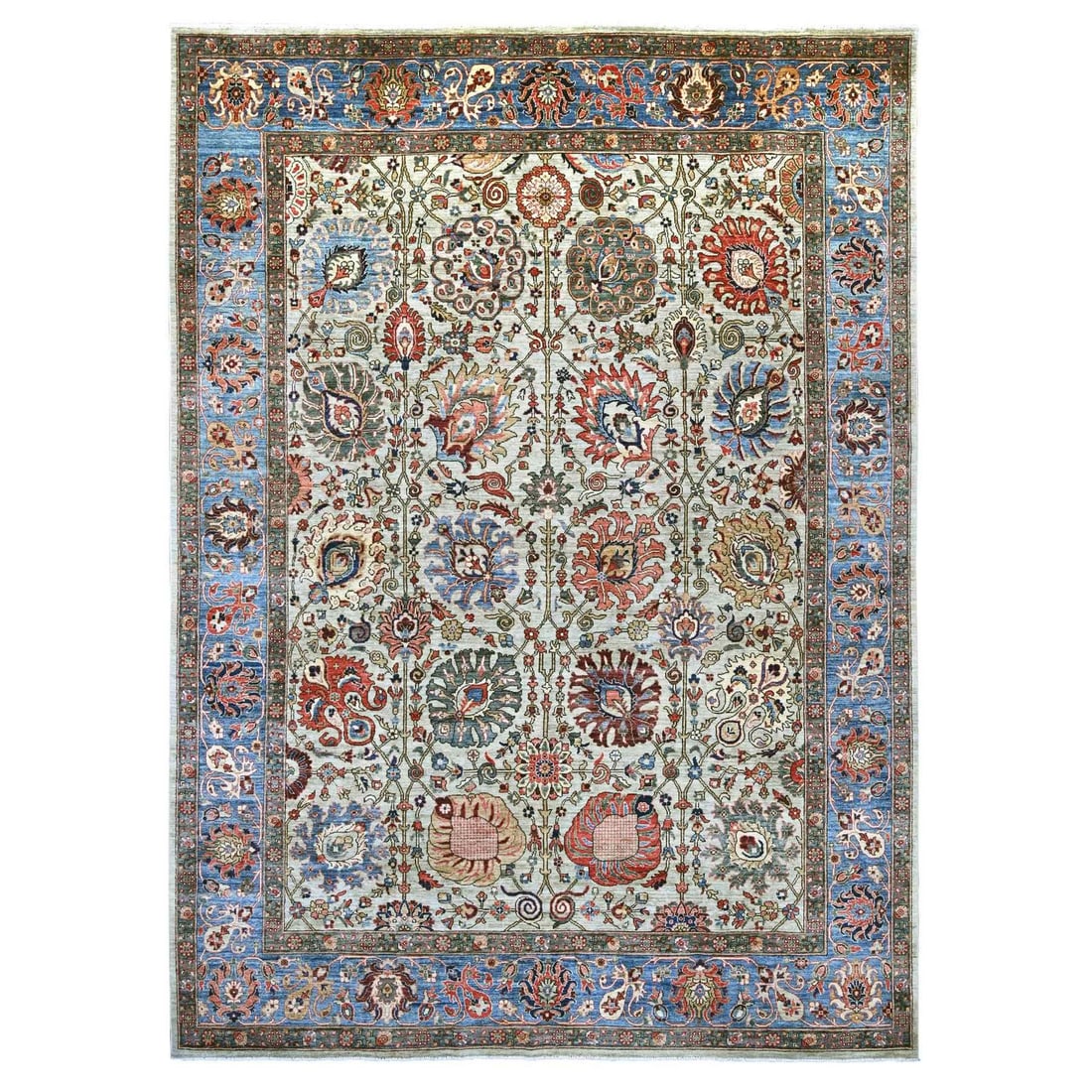 9'9"x13'8" Greenish Gray Northwest Zoroastrian Design Hand Knotted Soft Wool: 9'9"x13'8" Greenish Gray Northwest Zoroastrian Design Hand Knotted Soft Wool 9'9"x13'8" Greenish Gray Northwest Zoroastrian Design Hand Knotted Soft Wool Rug. This stunning hand-knotted wool rug featu