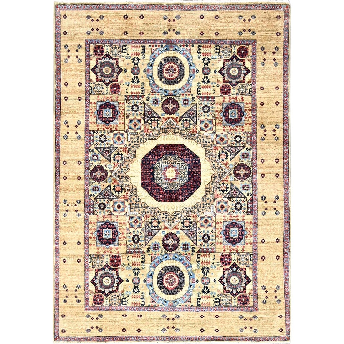5'x7' White Hand Knotted Natural Wool Mamluk Design Oriental Rug: 5'x7' White Hand Knotted Natural Wool Mamluk Design Oriental Rug This stunning 5'x7' hand-knotted wool Mamluk design Oriental rug boasts an intricate natural color palette, with a subtle ivory backgro