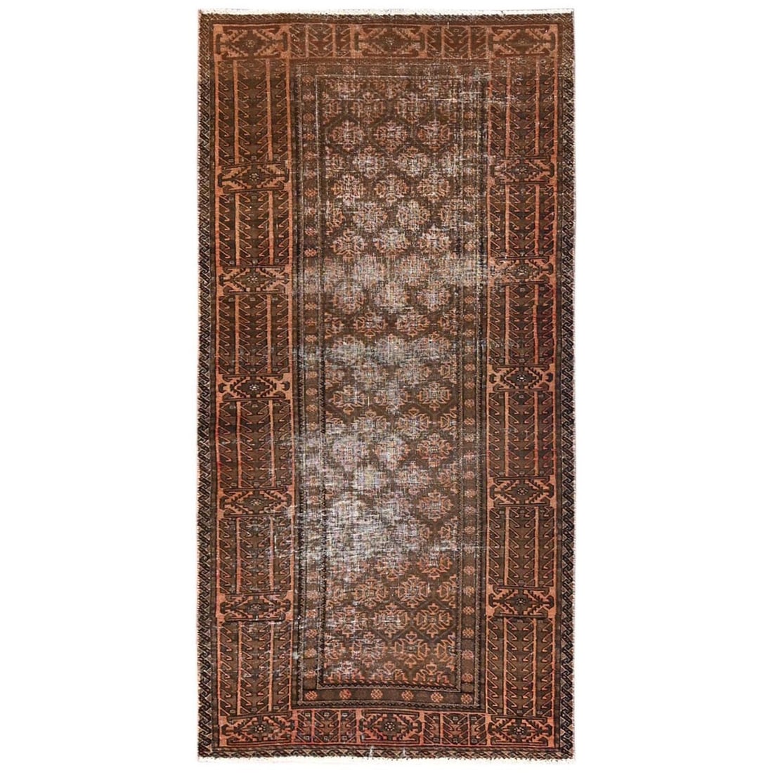 Brown Vintage Balooch Wool Zoroastrian Hand KNOTTED Rug 3'1 x6'6: Brown Vintage Balooch Wool Zoroastrian Hand KNOTTED Rug 3'1 x6'6 Hand-knotted in traditional Turkish style, this beautiful brown wool Zoroastrian runner rug boasts an all-over regional design and intr
