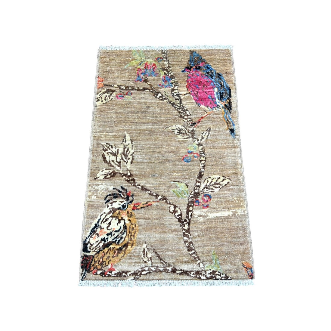 2'x3' Light Brown Sparrows on the Tree Peshawar Hand Knotted Wool Mat Rug (1 of 6)
