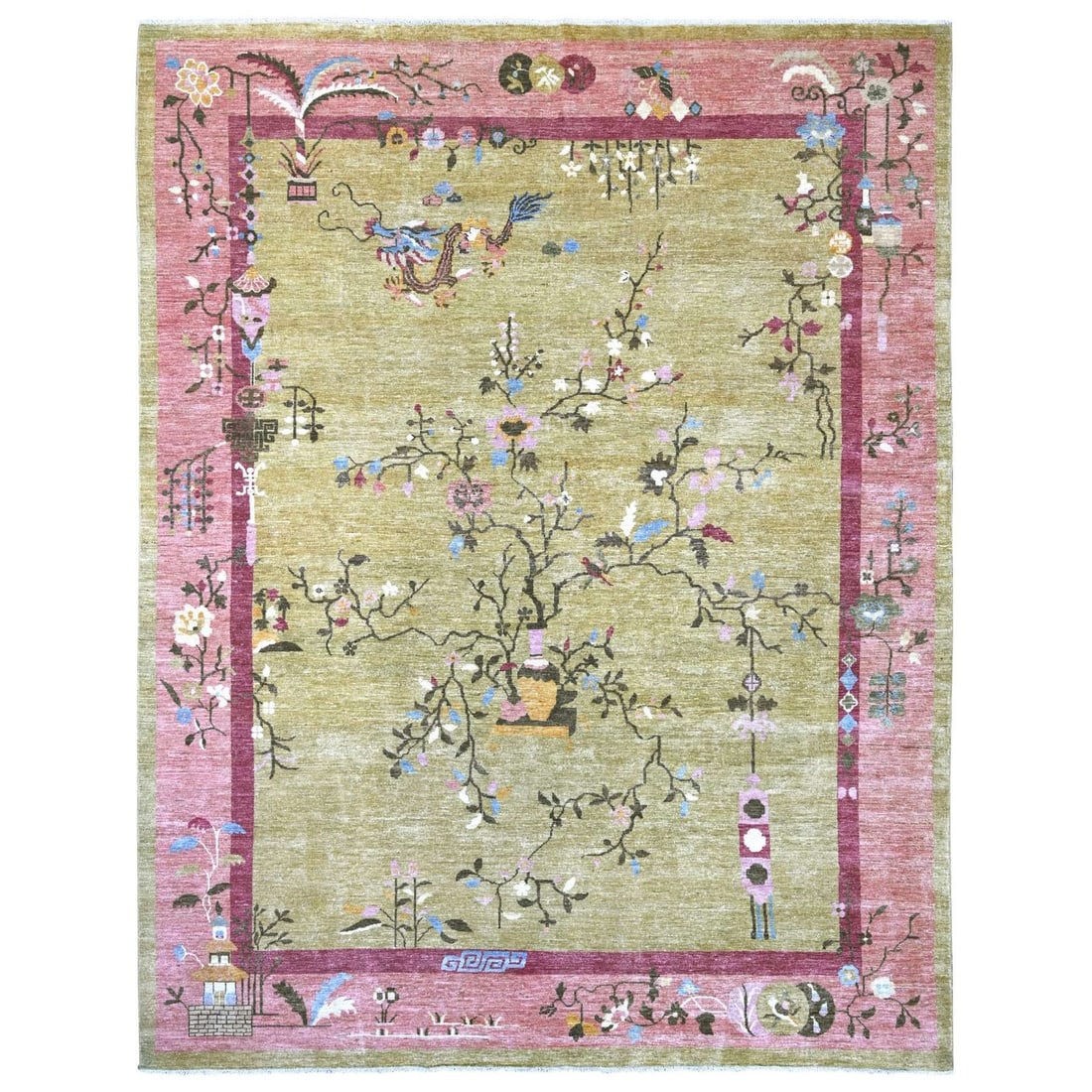 9'2"x11'8" Green Chinese Art Deco Inspired Peshawar Wool Hand Knotted Rug: 9'2"x11'8" Green Chinese Art Deco Inspired Peshawar Wool Hand Knotted Rug 9'2" x 11'8" Green Chinese Art Deco Inspired Peshawar Wool Hand Knotted Rug features an intricate floral pattern in shades of 