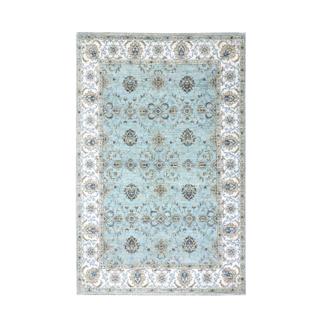 6'x9'1" Baby Blue Hand Knotted Agra Shah Abbas Vines Design Pure Wool Rug: 6'x9'1" Baby Blue Hand Knotted Agra Shah Abbas Vines Design Pure Wool Rug The Agra rug boasts an exquisite Baby Blue hue, beautifully complemented by intricate vines design in a rich gold and brown pa