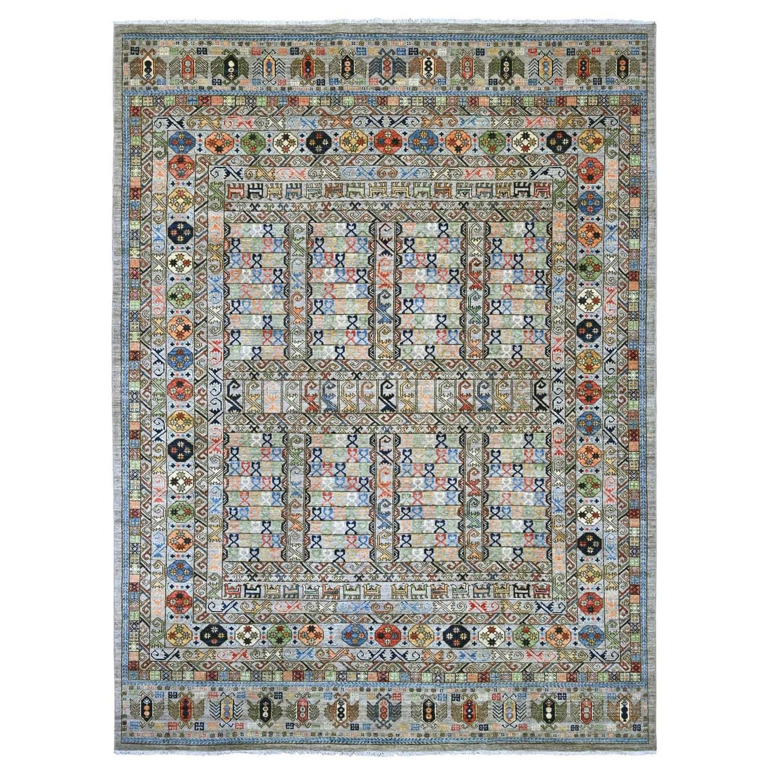 Ersari design hutchlu hand knotted gray pure wool rug 9'x12' afghan: Ersari design hutchlu hand knotted gray pure wool rug 9'x12' afghan 9'1" x 12'0" Hand-Knotted Afghan Rug in Distinctive Geometric Pattern, Crafted from Pure Gray Wool. This stunning piece features a r