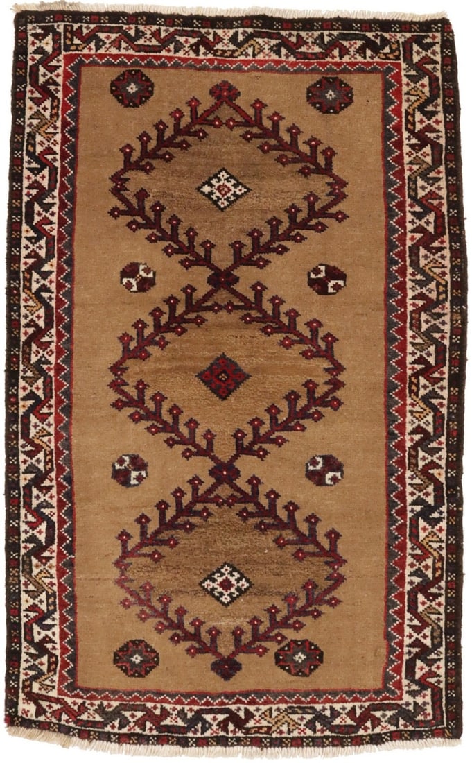 2'4X3'8 Vintage Khaki Tribal Geometric Oriental Wool Rug Farmhouse Carpet Hand-Knotted: 2'4X3'8 Vintage Khaki Tribal Geometric Oriental Wool Rug Farmhouse Carpet Hand-Knotted Hand-knotted in wool, this vintage 2'4 x 3'8" geometric tribal rug boasts a rich khaki and cream color palette. I