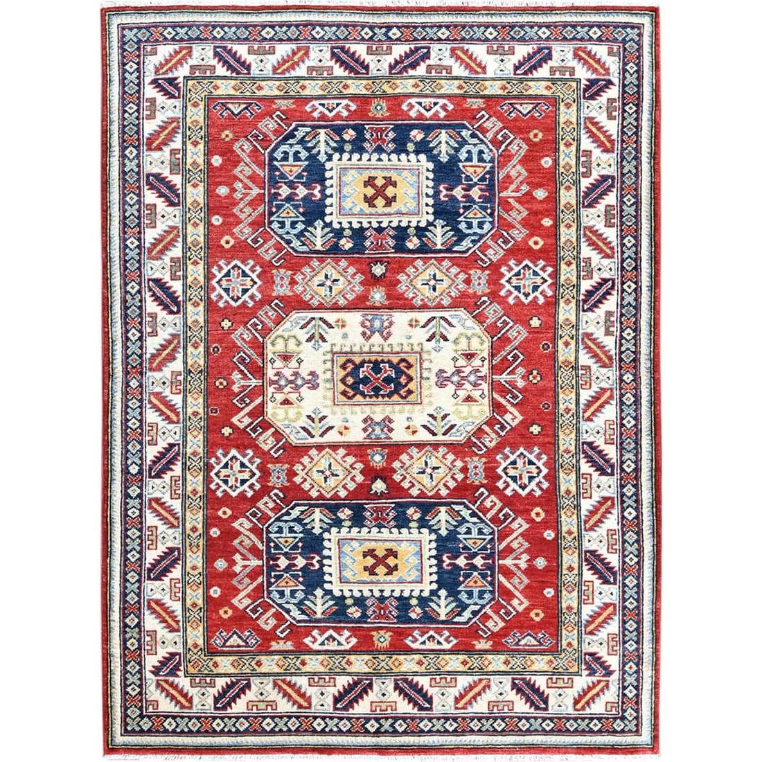 4'1"x5'6" Red Kazak with Geometric Medallions Design Wool Hand Knotted Rug: 4'1"x5'6" Red Kazak with Geometric Medallions Design Wool Hand Knotted Rug The vibrant red color and geometric medallions design make this wool hand-knotted Kazak rug a stunning addition to any room. 
