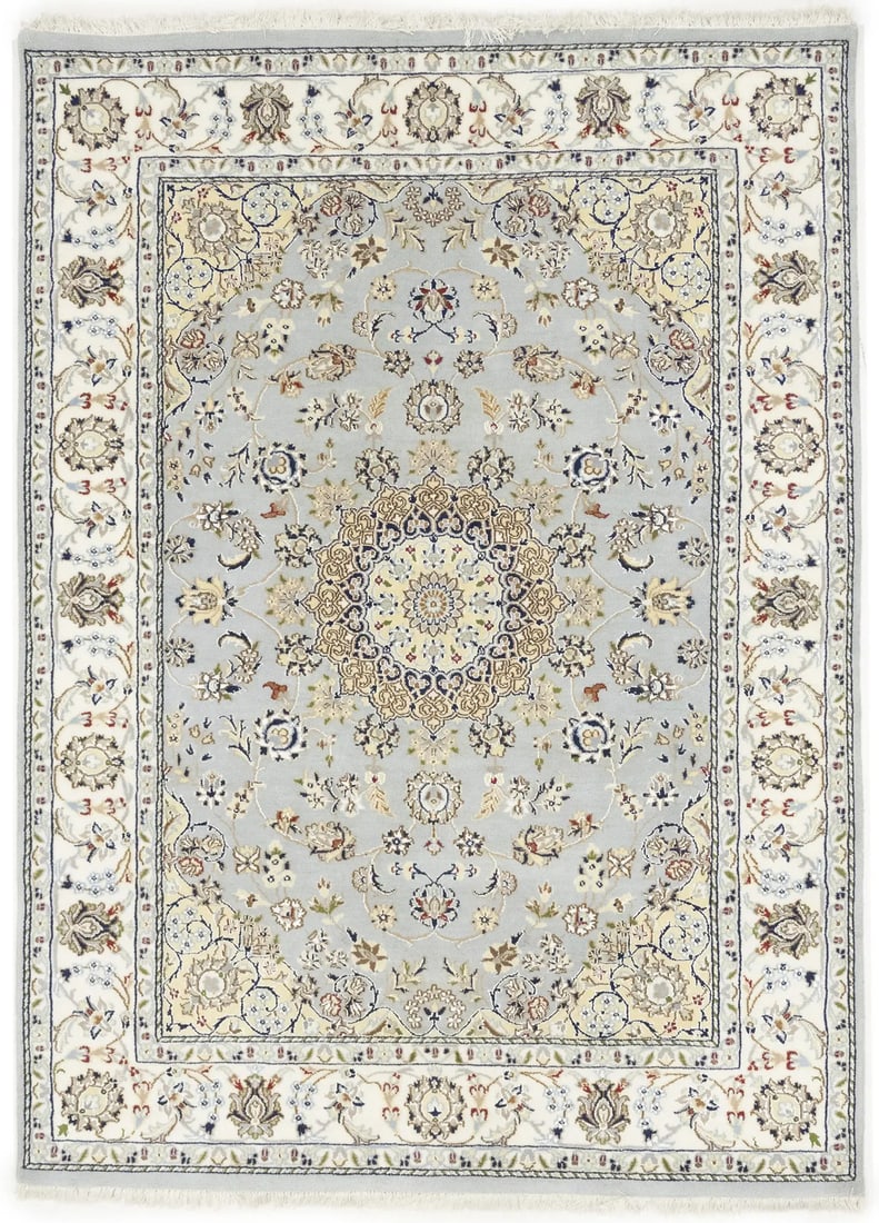 5X7 Wool Silk Indo-Nain Blue Gray Oriental Rug Floral Medallion Design Hand-Knotted: 5X7 Wool Silk Indo-Nain Blue Gray Oriental Rug Floral Medallion Design Hand-Knotted Hand-knotted in wool and silk, this stunning 5'1 x 6'11 area rug boasts an intricate floral medallion design in a be