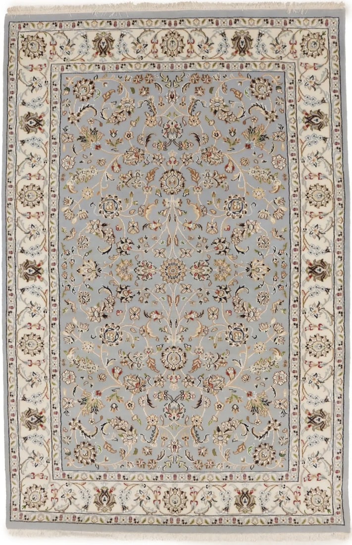 Handmade Indo-Nain Oriental Rug Light Blue Floral Carpet Entryway Foyer 4X6 Ft Hand-Knotted: Handmade Indo-Nain Oriental Rug Light Blue Floral Carpet Entryway Foyer 4X6 Ft Hand-Knotted Hand-knotted in wool and silk, this beautiful Light Blue Floral carpet boasts an impressive 4'1 x 6'2 size, 