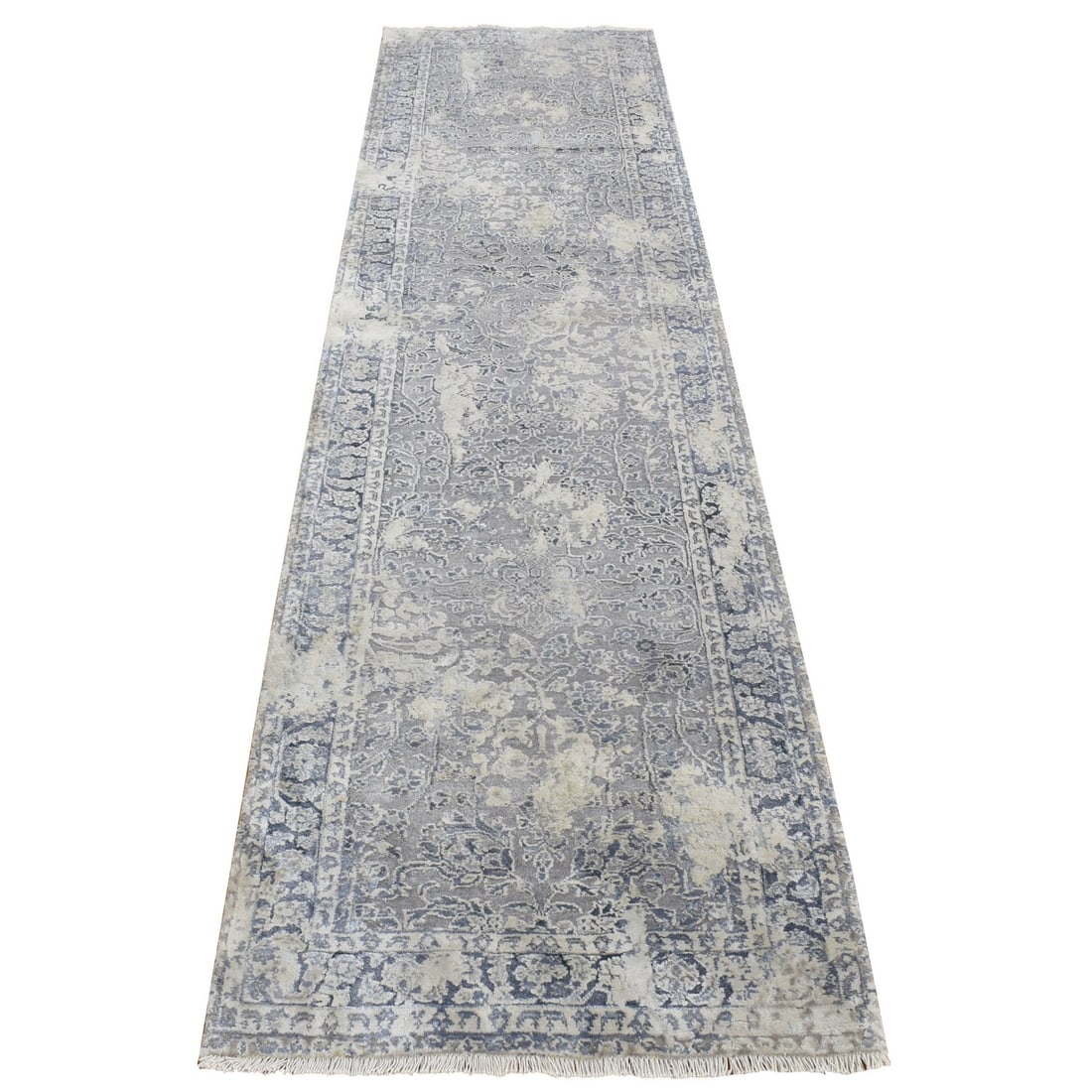 2'6"x9'10" Gray Erased Kishoon Design Wool/ Silk Hand Knotted Runner Rug: 2'6"x9'10" Gray Erased Kishoon Design Wool/ Silk Hand Knotted Runner Rug Silk and wool blend in a stunning gray erased design, creating a unique and eye-catching runner rug. Hand-knotted with exceptio