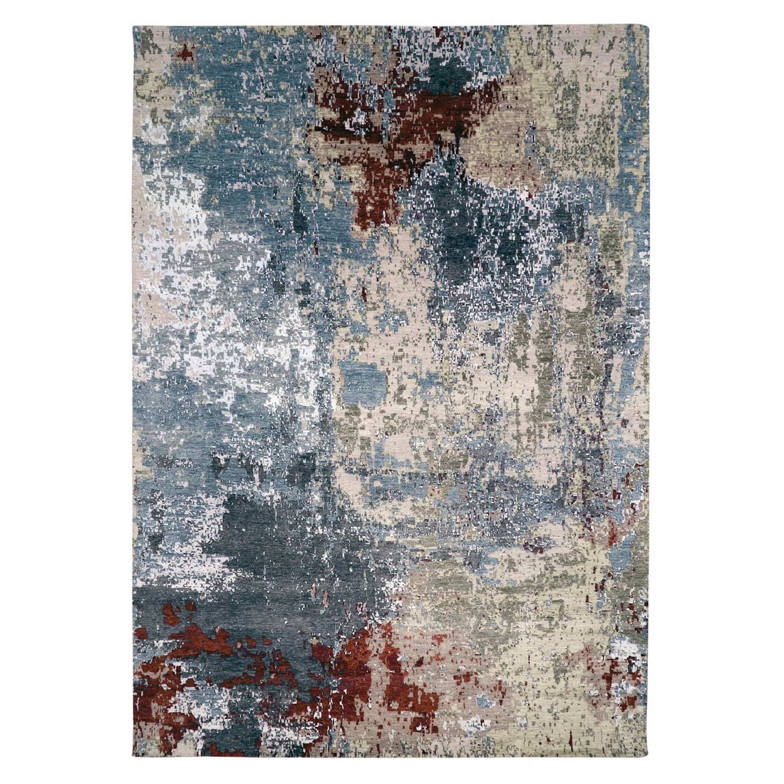 10'x14'2" Bone Gray Natural Wool Hand Knotted Abstract Design Rug: 10'x14'2" Bone Gray Natural Wool Hand Knotted Abstract Design Rug The Bone Gray Natural Wool Hand Knotted Abstract Design Rug boasts an impressive 10'0" x 14'2" rectangular field, featuring a stunning