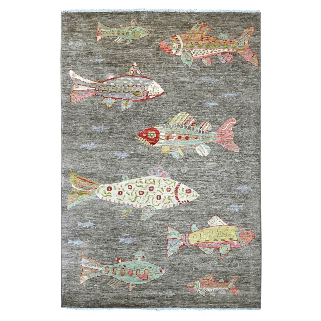 6'x8'10" Stone Gray Afghan Peshawar Fish Design Hand Knotted Soft Wool Rug: 6'x8'10" Stone Gray Afghan Peshawar Fish Design Hand Knotted Soft Wool Rug Soft and elegant, this 6'x8'10" Stone Gray Afghan Peshawar Fish Design Hand Knotted Soft Wool Rug boasts a stunning grey colo