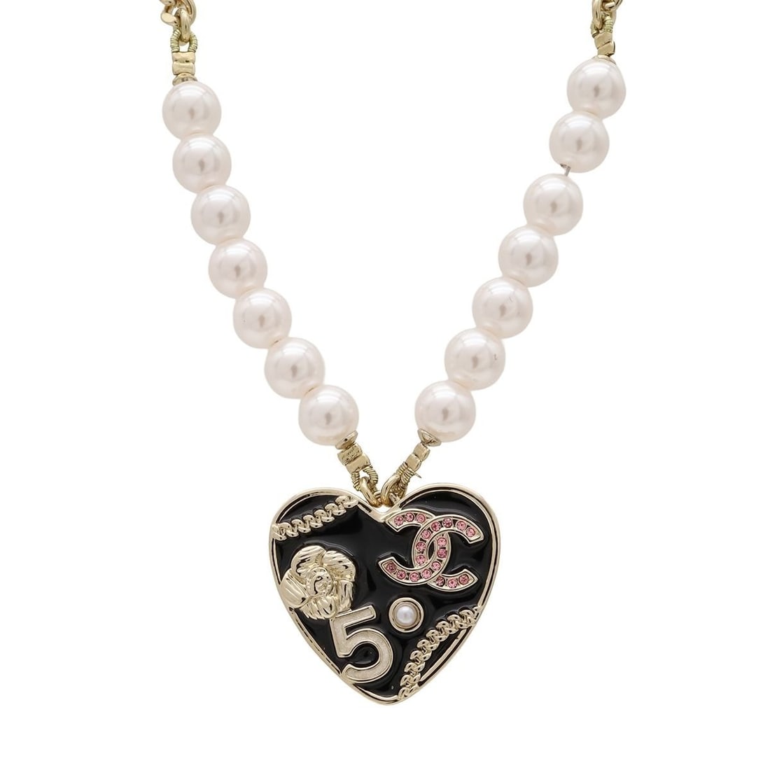 CHANEL B24 S No 5 Coco Mark CC Heart Motif Pendant Faux Pear Necklace in Rare: CHANEL B24 S No 5 Coco Mark CC Heart Motif Pendant Faux Pear Necklace in Rare Item Specifics: Brand: CHANEL Type: Necklace Color: Gold Style: necklace Base Metal: Gold Plated Material: Metal Metal: Go