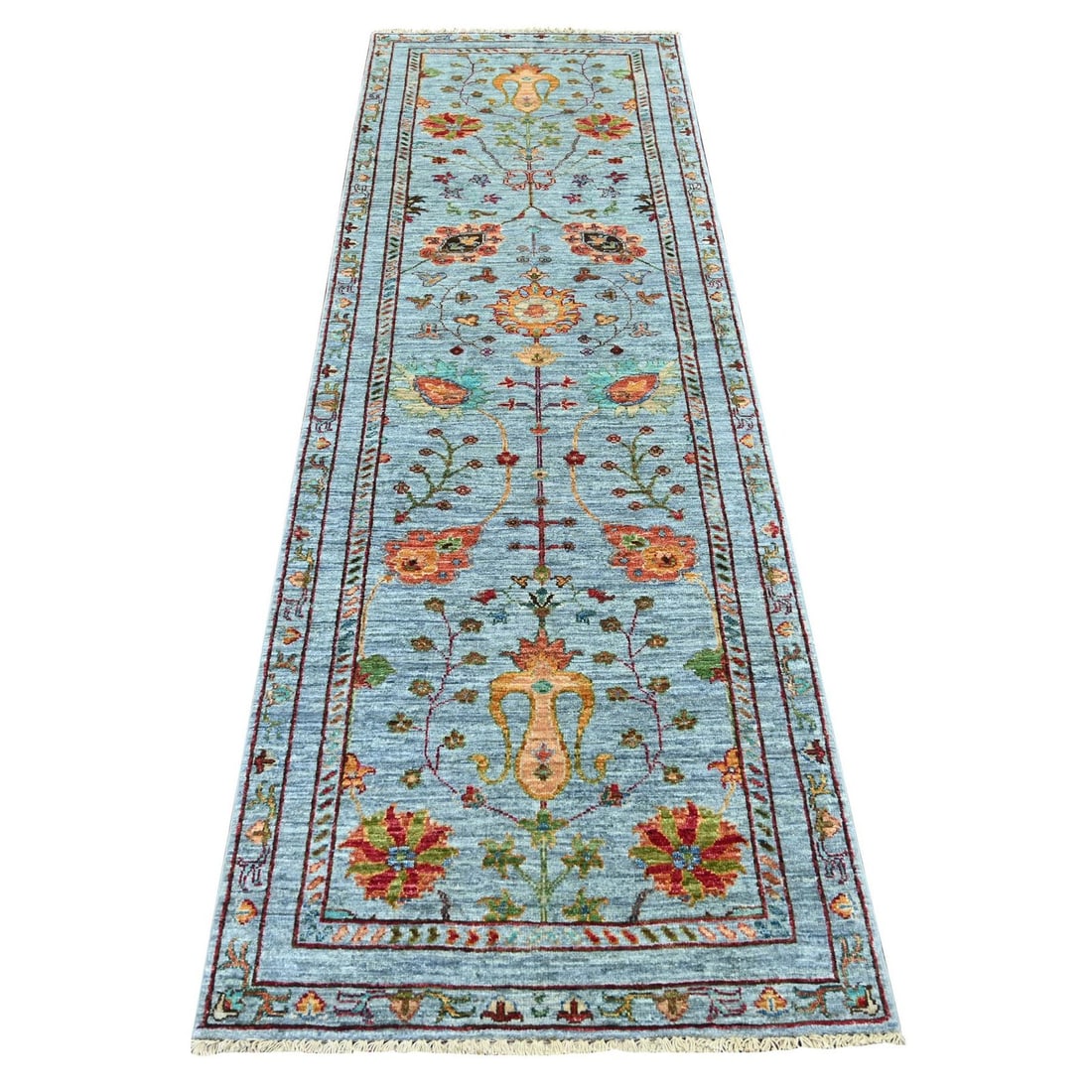 2'9"x8'6" Blue Afghan Sultani with All Over Design Wool Runner Rug: 2'9"x8'6" Blue Afghan Sultani with All Over Design Wool Runner Rug The Blue Afghan Sultani with All Over Design Wool Runner Rug boasts an all-over design in rich blue hues, set against a backdrop of i