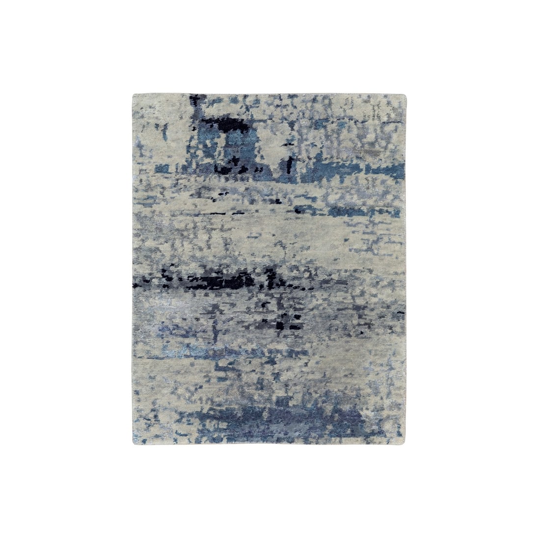 2'x2'10" Abstract Design HiLow Pile Silver-Blue Handknotted Wool-Silk Rug: 2'x2'10" Abstract Design HiLow Pile Silver-Blue Handknotted Wool-Silk Rug This stunning 2'x2'10" abstract design hand-knotted wool-silk rug boasts an intricate grey and black pattern, set against a su