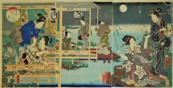 Toyohara Kunichika Triptych Woodblock Print Modern Beauties Tosei Bijin Soroi: Toyohara Kunichika Triptych Woodblock Print Modern Beauties Tosei Bijin Soroi Item Specifics: Artist: Toyohara Kunichika Subject: Modern Beauties (Bijin-ga) Material: Paper Style: Japanese Size: 37.3 