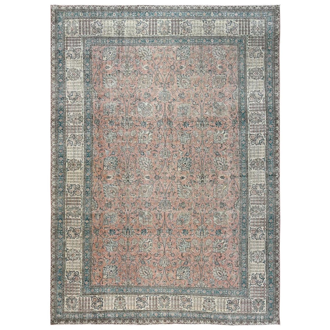 11'5"x16' Peach All Over Design Hand Knotted Sheared Low Wool Rug: 11'5"x16' Peach All Over Design Hand Knotted Sheared Low Wool Rug 11'5" x 16' Peach All Over Design Hand Knotted Sheared Low Wool Rug features an all-over design in red, blue light brown, and ivory on