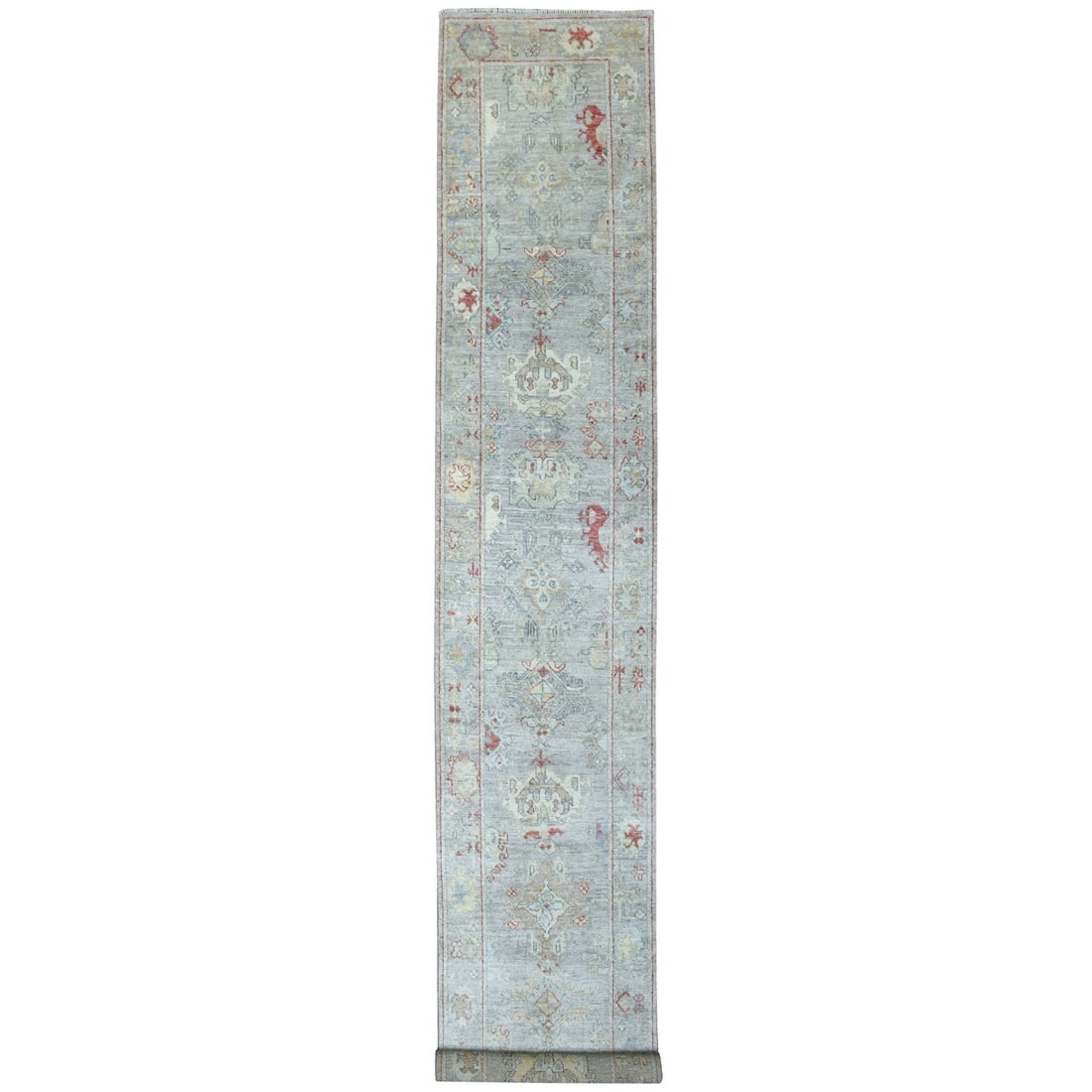 Afghan Angora Oushak Hand Knotted Wool Rug 2'10"x17' Gray XL Runner: Afghan Angora Oushak Hand Knotted Wool Rug 2'10"x17' Gray XL Runner Hand-knotted in wool, this stunning Afghan Oushak rug boasts a rich gray field with intricate Oriental regional design. Measuring 2'