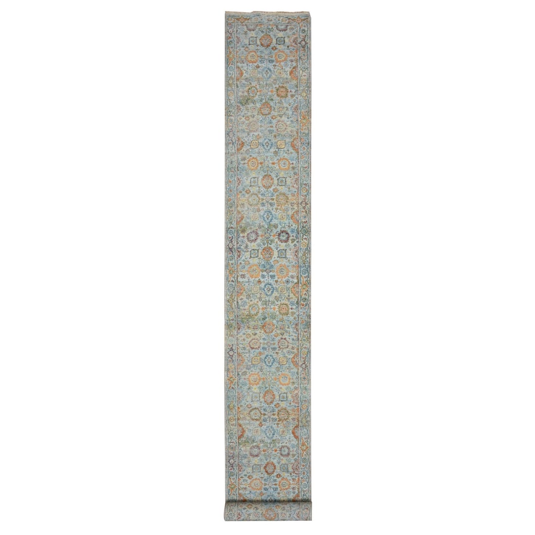 2'5"x24'10" Blue Sultanabad Reimagined Hand Knotted Pure Wool Runner Rug: 2'5"x24'10" Blue Sultanabad Reimagined Hand Knotted Pure Wool Runner Rug The Blue Sultanabad Reimagined Hand Knotted Pure Wool Runner Rug boasts an all-over regional design in a vibrant blue field, co