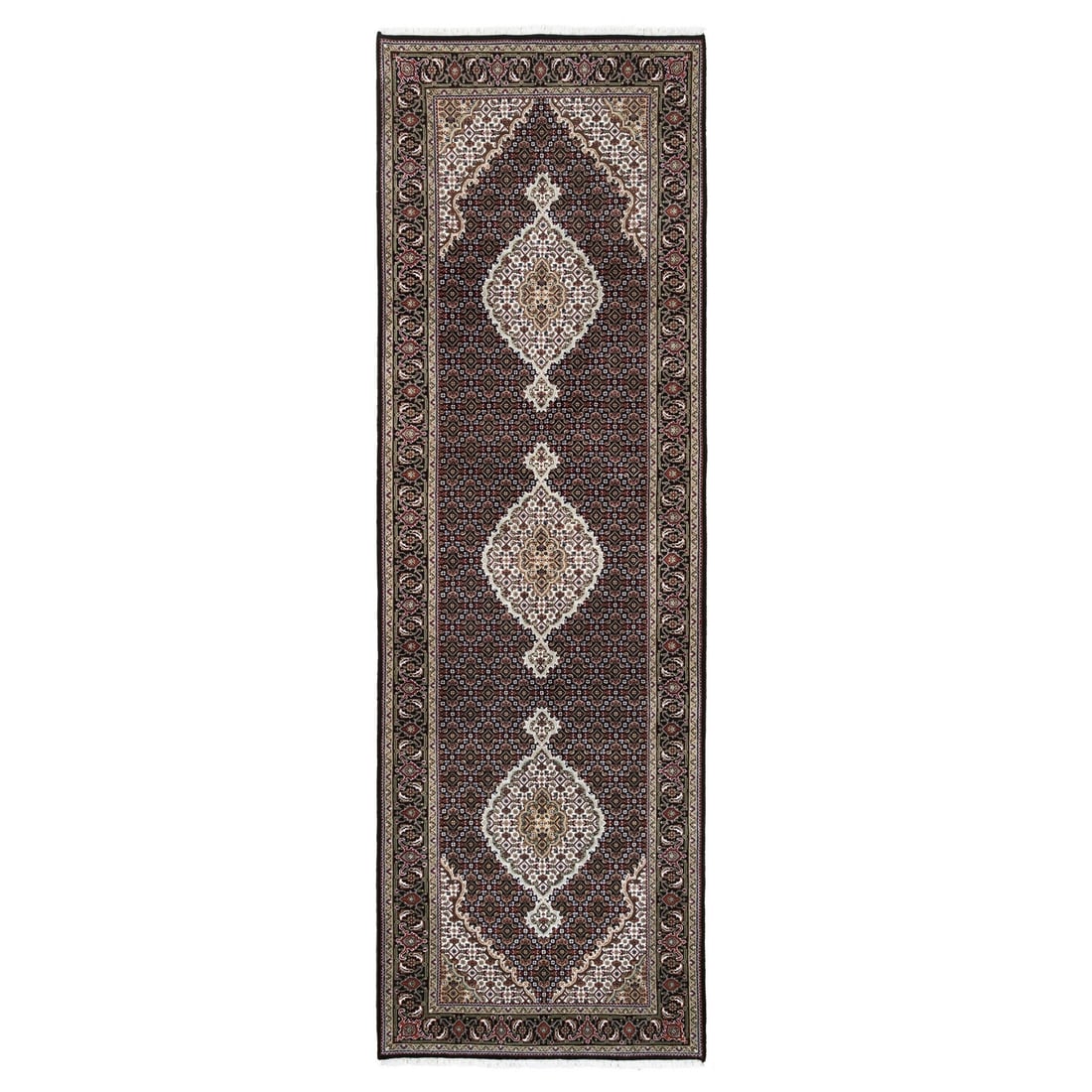 3'9"x12' Wool and Silk Tebraz Mahi Hand Knotted Wide Runner Oriental Rug: 3'9"x12' Wool and Silk Tebraz Mahi Hand Knotted Wide Runner Oriental Rug The 3'9"x12' Wool and Silk Tebraz Mahi Hand Knotted Wide Runner Oriental Rug boasts a stunning black field with intricate found