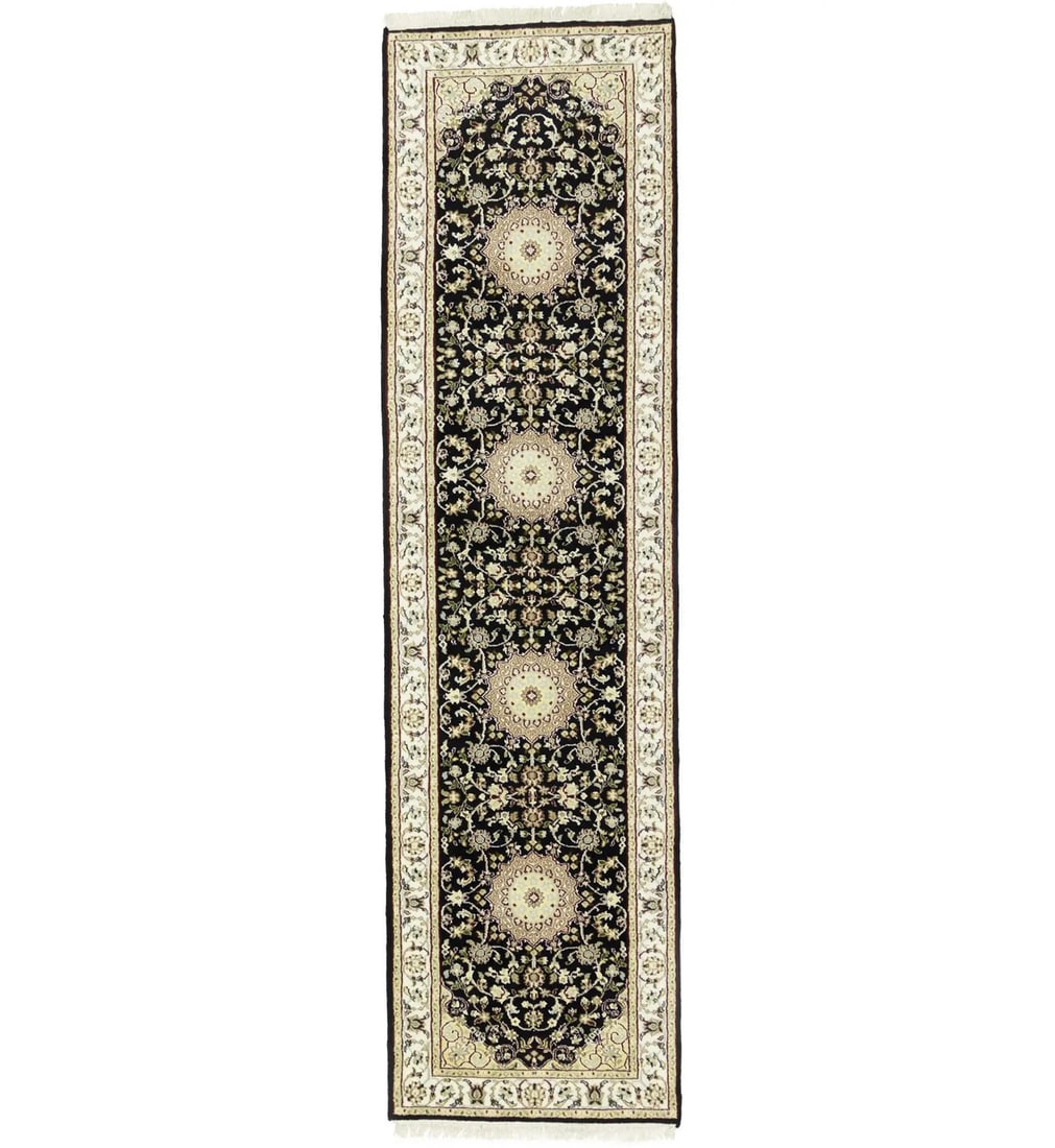 2'10 X 12'3 Black Floral Indo-Nain Runner Rug Handmade Hallway Carpet 3X12 Ft Hand-Knotted: 2'10 X 12'3 Black Floral Indo-Nain Runner Rug Handmade Hallway Carpet 3X12 Ft Hand-Knotted Hand-knotted in wool, this 2'10 x 12'3 black floral runner rug boasts a traditional style with a modern twist