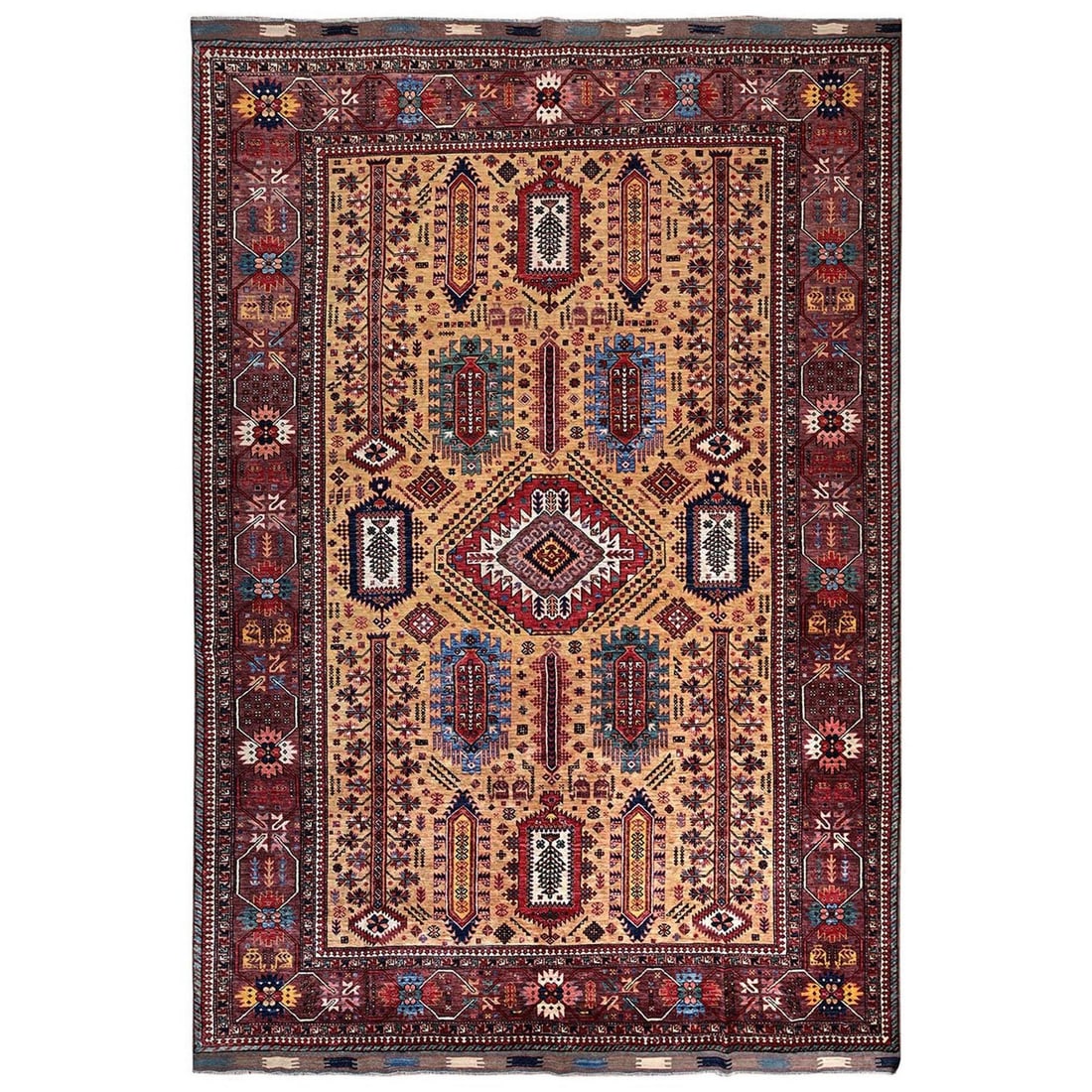 9'3"x12'3" Yellow Afghan Ersari with Caucasian Motif Hand Knotted Wool Rug: 9'3"x12'3" Yellow Afghan Ersari with Caucasian Motif Hand Knotted Wool Rug Yellow Afghan Ersari with Caucasian Motif Hand Knotted Wool Rug, measuring 9'3" x 12'3" and featuring an all-over regional de