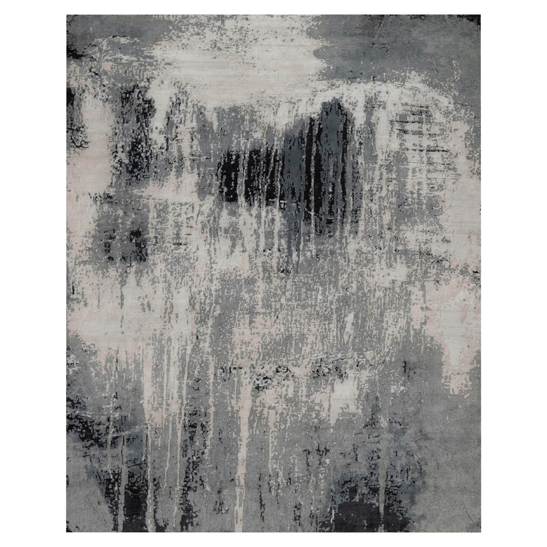 8'1"x10'1" Black-Ivory Abstract Design Hand Knotted Wool and Silk Rug: 8'1"x10'1" Black-Ivory Abstract Design Hand Knotted Wool and Silk Rug Modern abstract design hand-knotted wool and silk rug, measuring 8'1" x 10'1" in rectangular field shape. This unique piece featur