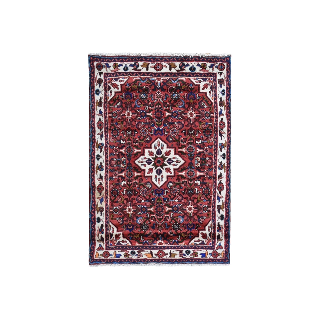 3'6"x5'1" Red New Farsian Amadan Flower Medallion Design Handknotted Rug: 3'6"x5'1" Red New Farsian Amadan Flower Medallion Design Handknotted Rug The Red New Farsian Amadan Flower Medallion Design Handknotted Rug boasts a stunning rectangular field with intricate, hand-kno