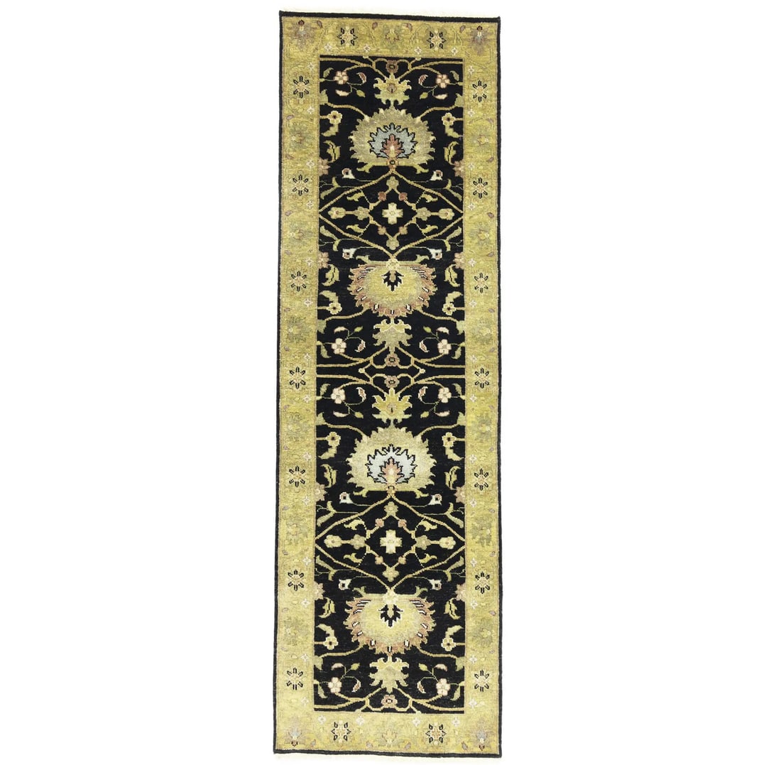 2'5 X 7'11 Hand-Knotted Oushak Wool Runner Rug Floral Black Carpet 3X8 Ft Hand-Knotted: 2'5 X 7'11 Hand-Knotted Oushak Wool Runner Rug Floral Black Carpet 3X8 Ft Hand-Knotted Hand-knotted in wool, this 3x8 ft floral patterned runner rug boasts a traditional design with a modern twist. Ma