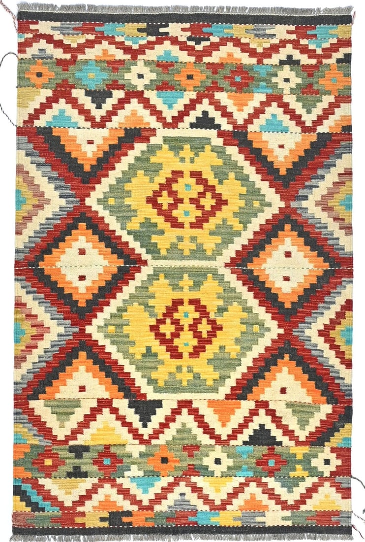 4X6 Kilim Oriental Rug Multicolored Geometric Style Reversible Bedroom Carpet Hand-Knotted: 4X6 Kilim Oriental Rug Multicolored Geometric Style Reversible Bedroom Carpet Hand-Knotted Hand-knotted in wool, this vibrant multicolored geometric style kilim rug boasts a modern floral pattern on o