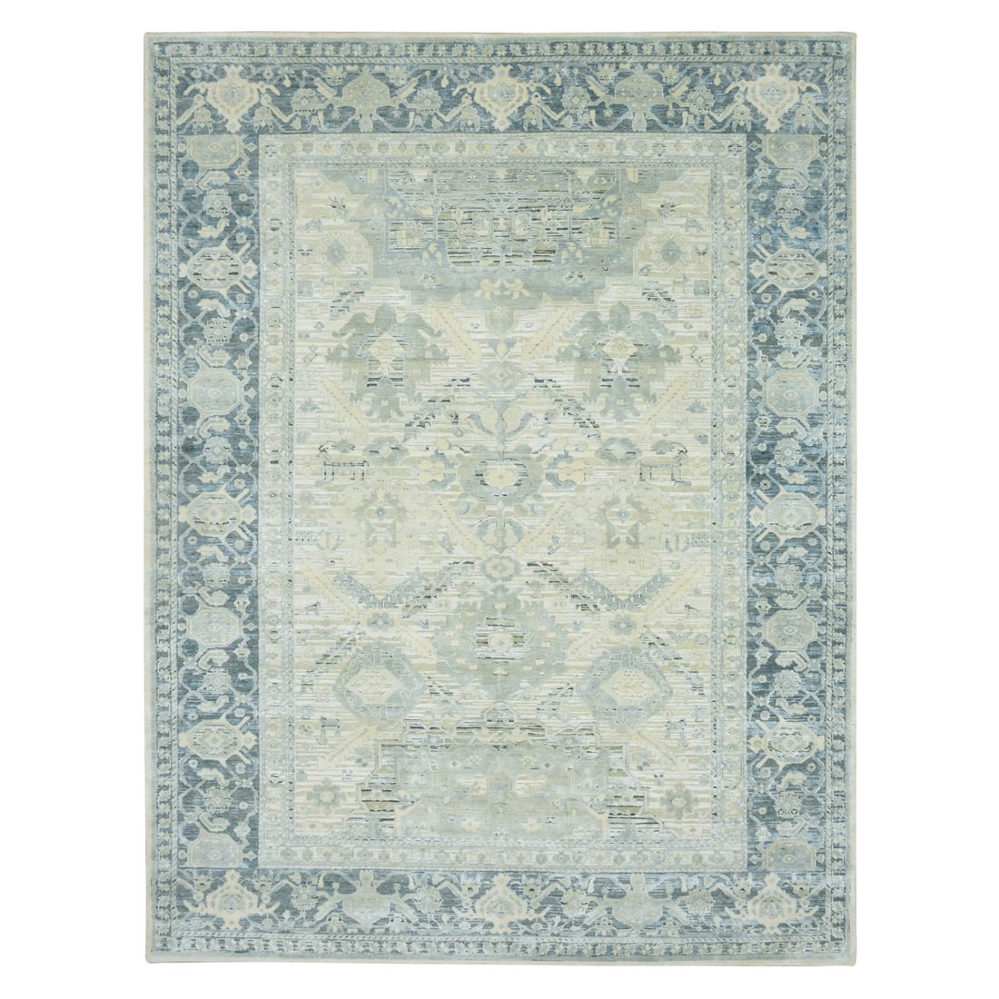 9'1"x12' Storm Gray Silk and Oxidized Wool Oushak Design Hand Knotted Rug: 9'1"x12' Storm Gray Silk and Oxidized Wool Oushak Design Hand Knotted Rug Storm Gray Silk and Oxidized Wool Oushak Design Hand Knotted Rug measures 9'1" x 12', boasting a unique blend of silk and oxid