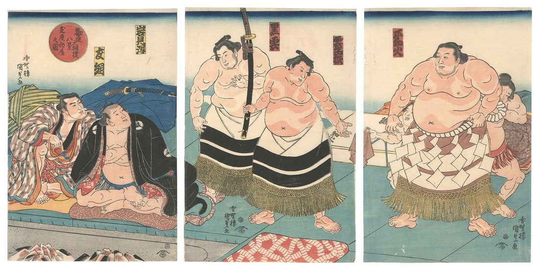 Woodblock Print Kunisada I Utagawa Sumo Rare Triptych 1840s: Woodblock Print Kunisada I Utagawa Sumo Rare Triptych 1840s Item Specifics: Artist: Kunisada I Subject: Sumo Wrestling Material: Paper Style: Japanese Year Of Production: 1843 Product Disclaimer: Plea