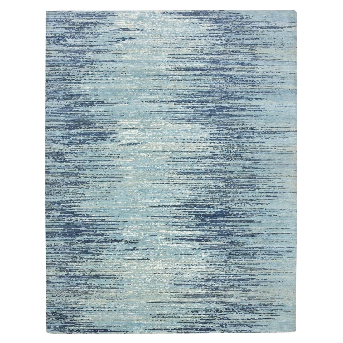 8'1"x10'4" Denim Blue Horizontal Ombre Design Pure Wool Hand Knotted Rug: 8'1"x10'4" Denim Blue Horizontal Ombre Design Pure Wool Hand Knotted Rug This stunning Denim Blue Horizontal Ombre Design Pure Wool Hand Knotted Rug boasts a unique, modern aesthetic with its rectangu